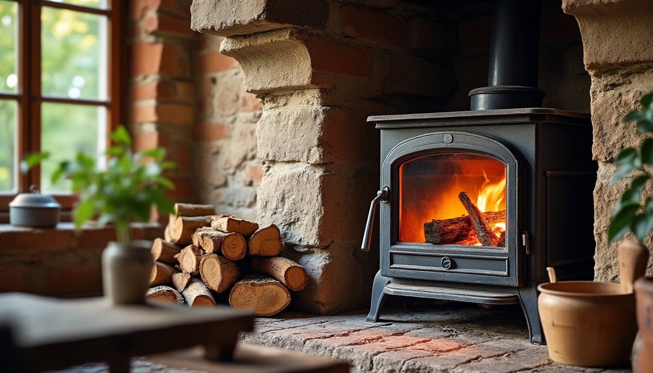 Illustration: Définition et principes d’un poêle à bois dans une cheminée en pierre