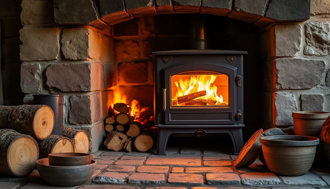 Poêle à bois dans une cheminée en pierre : guide, choix et conseils